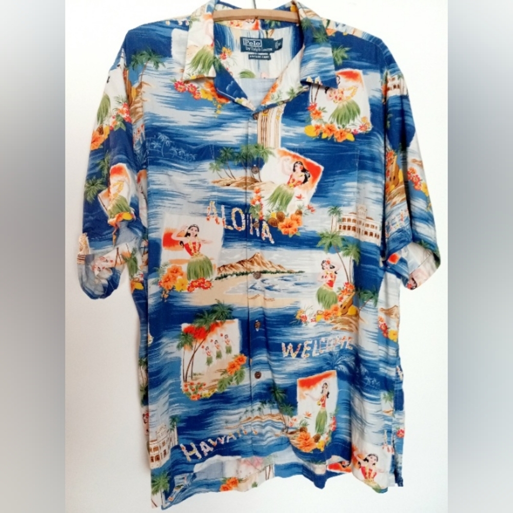POLO RALPH LAUREN Vintage Camp Blue Multi Retro Aloha Hawaiian Shirt Size XL